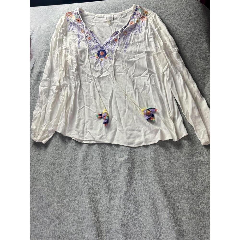 cupio embroidered boho peasant blouse white floral tassel tie top m